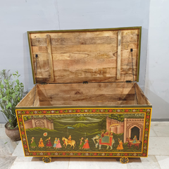 Indian Vintage Hand Painted Solid Wood Merchants Chest Storage Box 157x77x82 cm