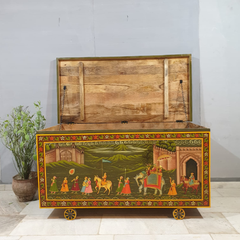 Indian Vintage Hand Painted Solid Wood Merchants Chest Storage Box 157x77x82 cm