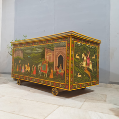 Indian Vintage Hand Painted Solid Wood Merchants Chest Storage Box 157x77x82 cm