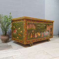 Indian Vintage Hand Painted Solid Wood Merchants Chest Storage Box 157x77x82 cm