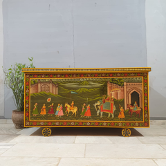 Indian Vintage Hand Painted Solid Wood Merchants Chest Storage Box 157x77x82 cm