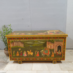 Indian Vintage Hand Painted Solid Wood Merchants Chest Storage Box 157x77x82 cm