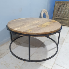 Hand Carved Indian Mango Wood Round Metal Coffee Table 100x45 cm