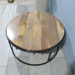 Hand Carved Indian Mango Wood Round Metal Coffee Table 100x45 cm