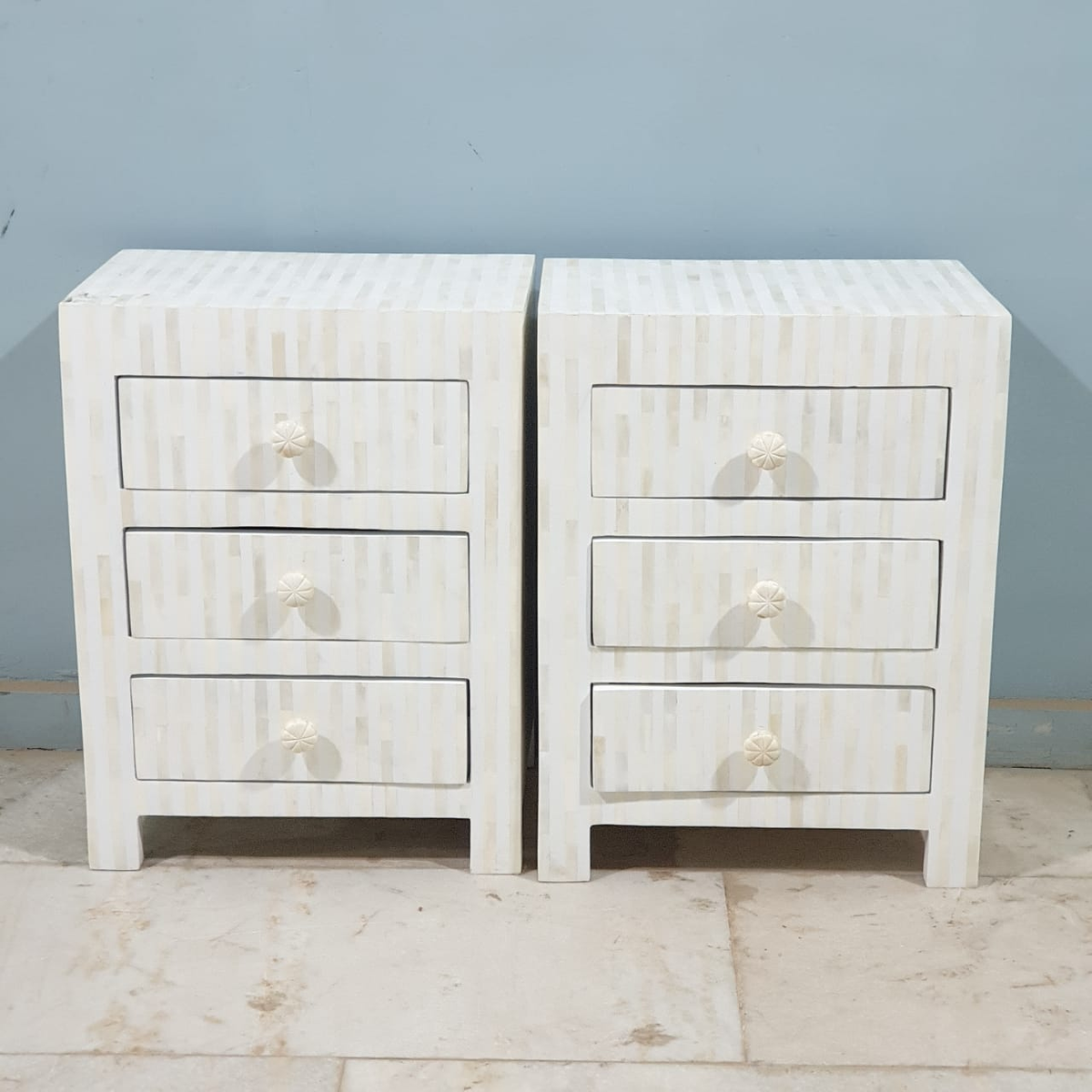 Bone Inlay White Stripe Pattern Bedside Table With 3 Drawers 45X30X60 Cm