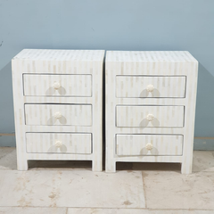 Bone Inlay White Stripe Pattern Bedside Table With 3 Drawers 45X30X60 Cm