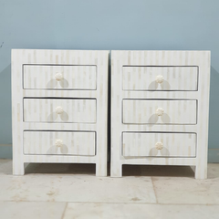 Bone Inlay White Stripe Pattern Bedside Table With 3 Drawers 45X30X60 Cm