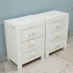 Bone Inlay White Stripe Pattern Bedside Table With 3 Drawers 45X30X60 Cm