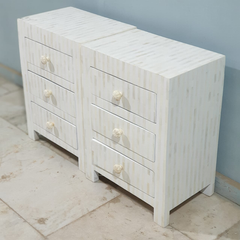 Bone Inlay White Stripe Pattern Bedside Table With 3 Drawers 45X30X60 Cm