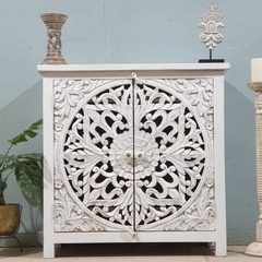 Indian Style Carved Solid Wood Cabinet Buffet 90X43X90 CM White