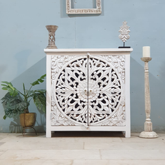 Indian Style Carved Solid Wood Cabinet Buffet 90X43X90 CM White