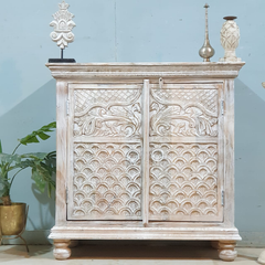 Indian Style Carved Solid Wood Cabinet Buffet 90X40X90 CM Whitewash