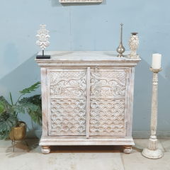 Indian Style Carved Solid Wood Cabinet Buffet 90X40X90 CM Whitewash