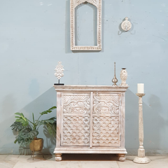 Indian Style Carved Solid Wood Cabinet Buffet 90X40X90 CM Whitewash