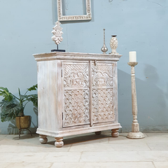 Indian Style Carved Solid Wood Cabinet Buffet 90X40X90 CM Whitewash