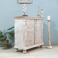 Indian Style Carved Solid Wood Cabinet Buffet 90X40X90 CM Whitewash