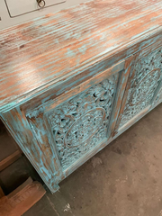 Indian Hand Carved Solid Wood Sideboard Turquoise Green Rustic C34