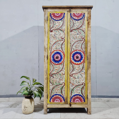 Floral Hand Carved Hand Painted Solid Wood Cupboard Wardrobe D117