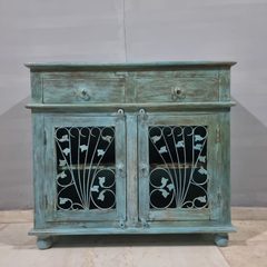 Indian Hand Carved Solid Wood Metal Carved Doors Cabinet D104
