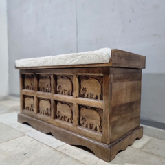 Hand Carved Elephant Design Solid Wood Storage Chest With Seat C25