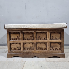 Hand Carved Elephant Design Solid Wood Storage Chest With Seat C25