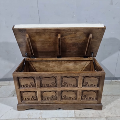 Hand Carved Elephant Design Solid Wood Storage Chest With Seat C25