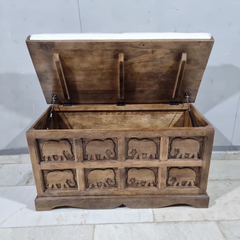 Hand Carved Elephant Design Solid Wood Storage Chest With Seat C25