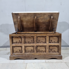 Hand Carved Elephant Design Solid Wood Storage Chest With Seat C25