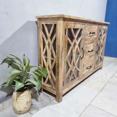 French Arch Style Mango Wood Glass Door Buffet Sideboard C40