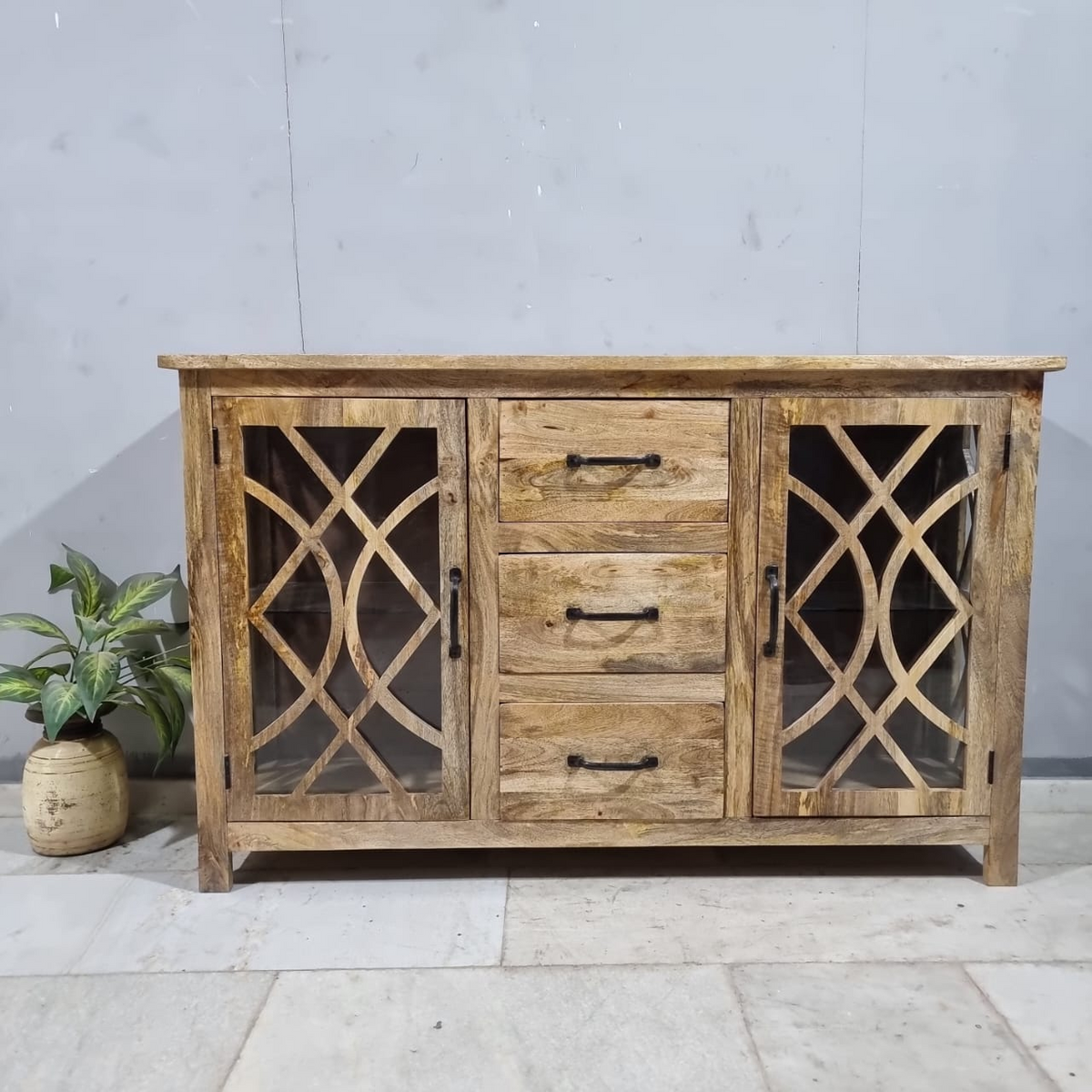 French Arch Style Mango Wood Glass Door Buffet Sideboard C40