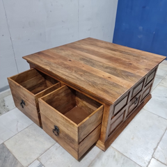 Indian Hand Carved Solid Wood Large 4 Drawer Storage Coffee Table C93