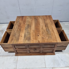 Indian Hand Carved Solid Wood Large 4 Drawer Storage Coffee Table C93