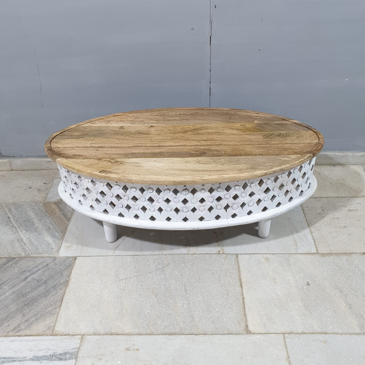 Indian Rustic Carved Legs Coffee Table Center Elliptical Table C96