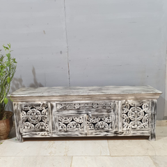 Hand Carved Solid Mango Wood TV Unit Grey & Whitewash 57