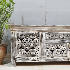 Hand Carved Solid Mango Wood TV Unit Grey & Whitewash 57