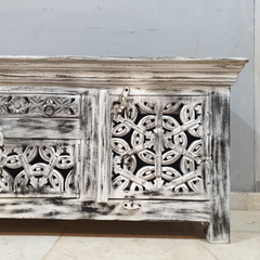 Hand Carved Solid Mango Wood TV Unit Grey & Whitewash 57