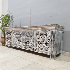 Hand Carved Solid Mango Wood TV Unit Grey & Whitewash 57