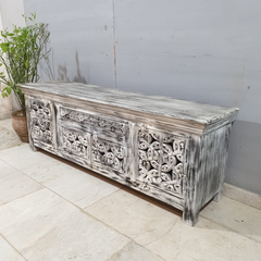Hand Carved Solid Mango Wood TV Unit Grey & Whitewash 57