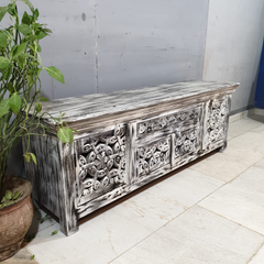 Hand Carved Solid Mango Wood TV Unit Grey & Whitewash 57
