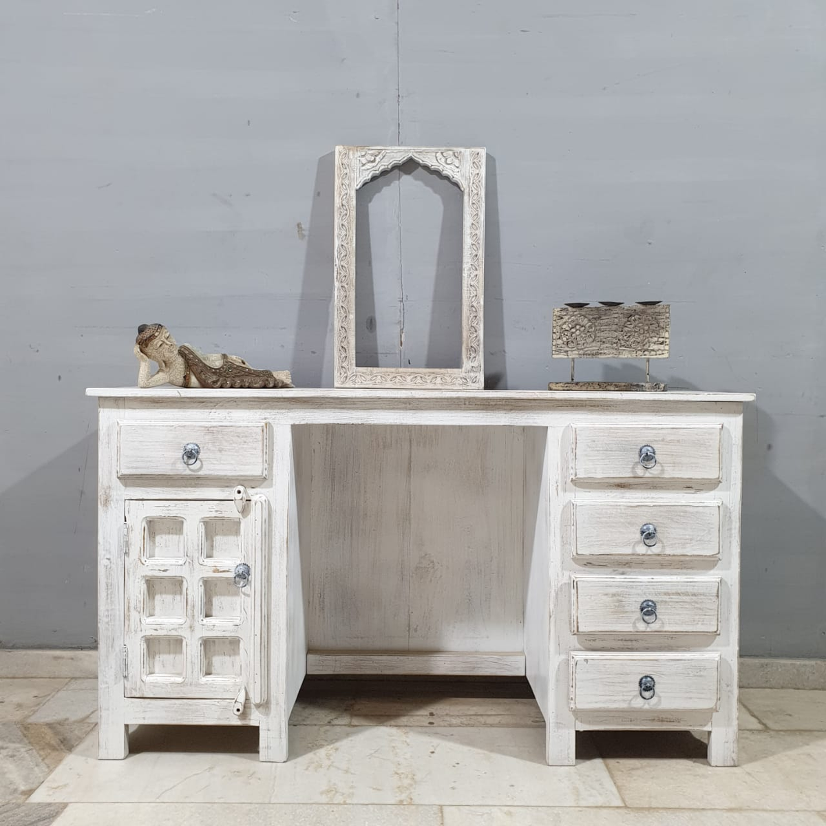 Hand Carved Solid Wood Writing Desk Whitewash C10