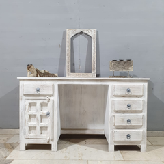 Hand Carved Solid Wood Writing Desk Whitewash C10
