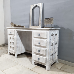 Hand Carved Solid Wood Writing Desk Whitewash C10