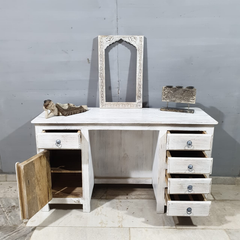 Hand Carved Solid Wood Writing Desk Whitewash C10