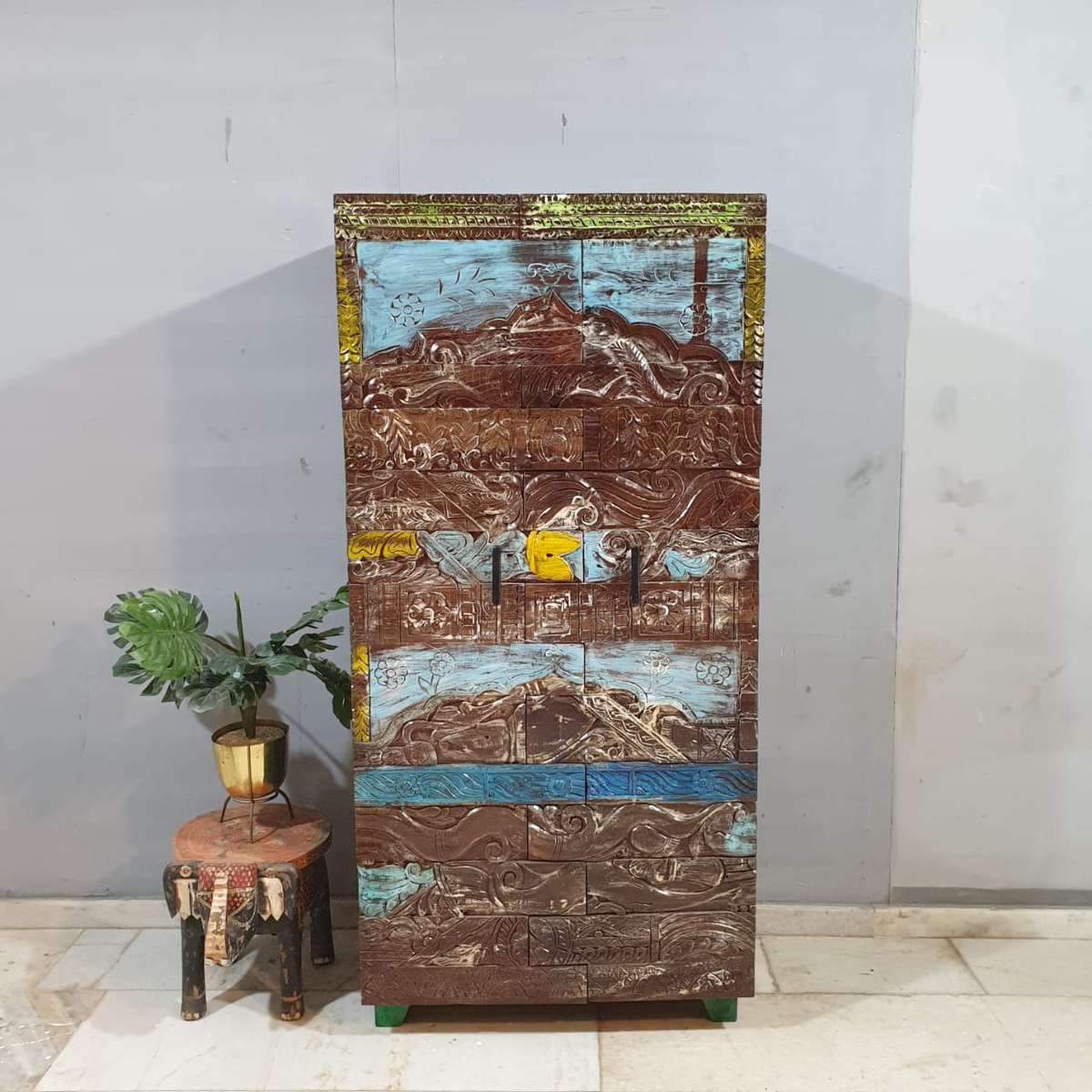 Hand Carved Reclaimed Wood Cabinet Cupboard Multicolor D120