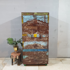 Hand Carved Reclaimed Wood Cabinet Cupboard Multicolor D120