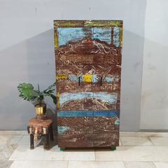 Hand Carved Reclaimed Wood Cabinet Cupboard Multicolor D120