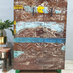 Hand Carved Reclaimed Wood Cabinet Cupboard Multicolor D120