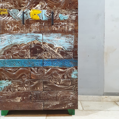 Hand Carved Reclaimed Wood Cabinet Cupboard Multicolor D120