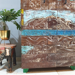 Hand Carved Reclaimed Wood Cabinet Cupboard Multicolor D120