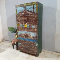Hand Carved Reclaimed Wood Cabinet Cupboard Multicolor D120